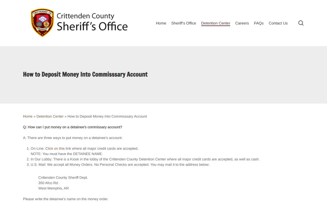 Crittenden County Detention Center Tiger Commissary deposit options