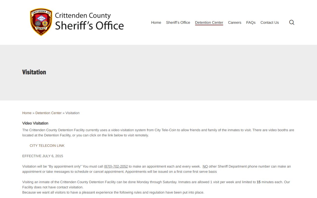 Crittenden County Detention Center video visitation schedule and rules